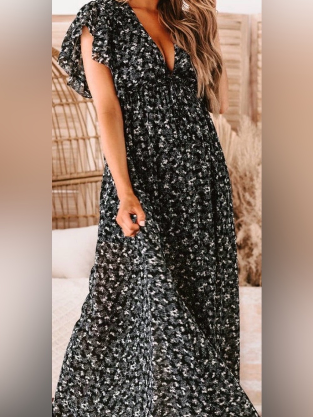 NWT She + Sky Black floral boho plunge neckline maxi dress size Medium